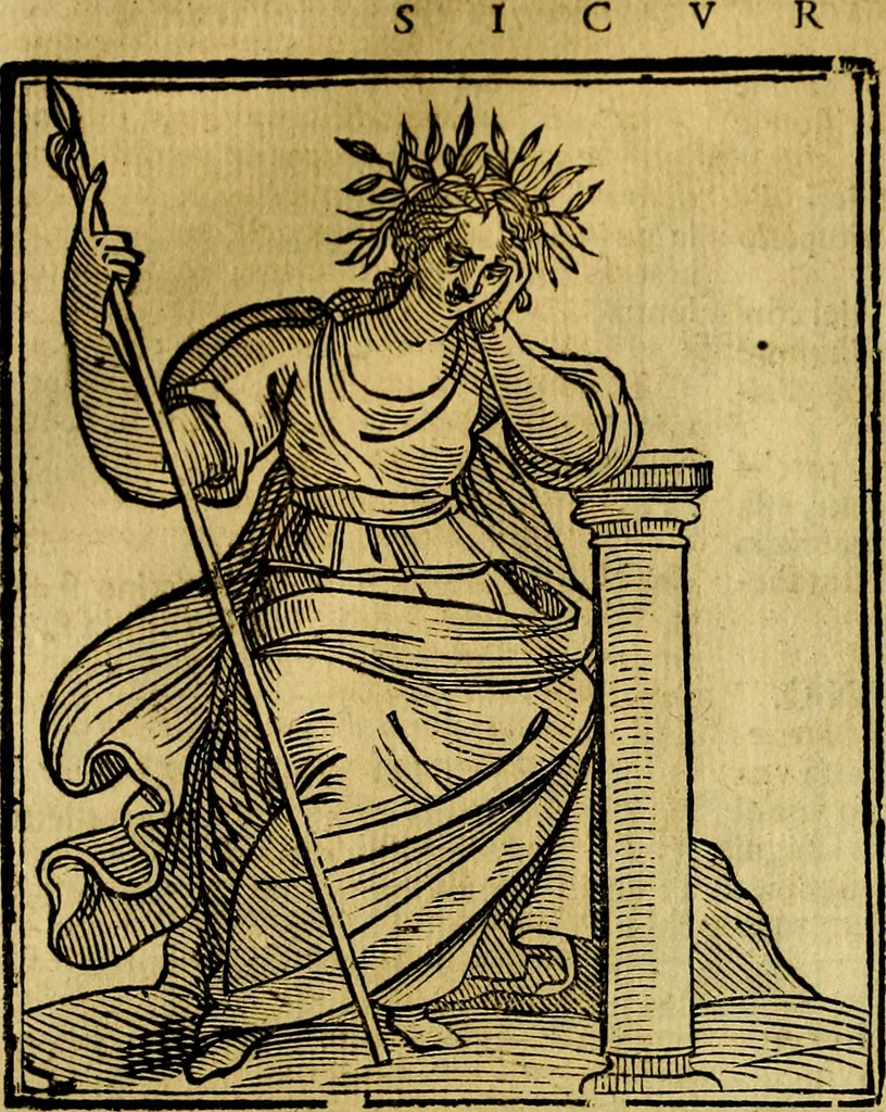 An illustration from Iconologia di Cesare Ripa ... Divisa in tre libri, ne i quali si esprimono varie imagini di virtù, vitij, affetti, passioni humane, arti, discipline, humori, elementi, corpi celesti, prouincie d'Italia, fiumi, & altre materie infinite vtili ad ogni stato di persone, 1669, leaf 635
