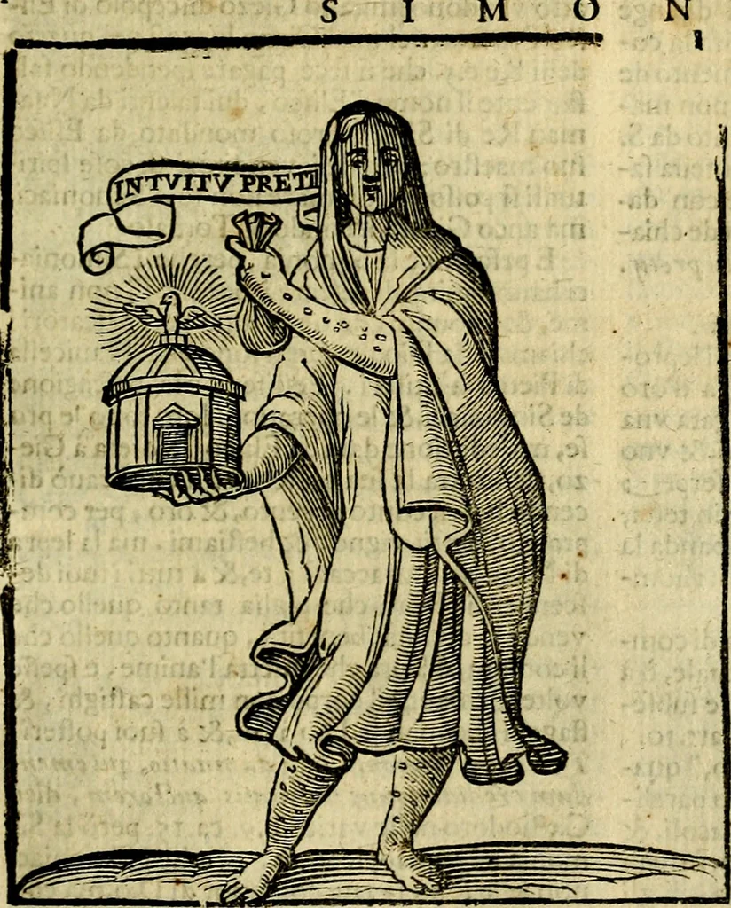 An illustration from Iconologia di Cesare Ripa ... Divisa in tre libri, ne i quali si esprimono varie imagini di virtù, vitij, affetti, passioni humane, arti, discipline, humori, elementi, corpi celesti, prouincie d'Italia, fiumi, & altre materie infinite vtili ad ogni stato di persone, 1669, leaf 640