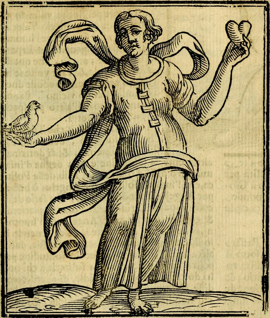 An illustration from Iconologia di Cesare Ripa ... Divisa in tre libri, ne i quali si esprimono varie imagini di virtù, vitij, affetti, passioni humane, arti, discipline, humori, elementi, corpi celesti, prouincie d'Italia, fiumi, & altre materie infinite vtili ad ogni stato di persone, 1669, leaf 644
