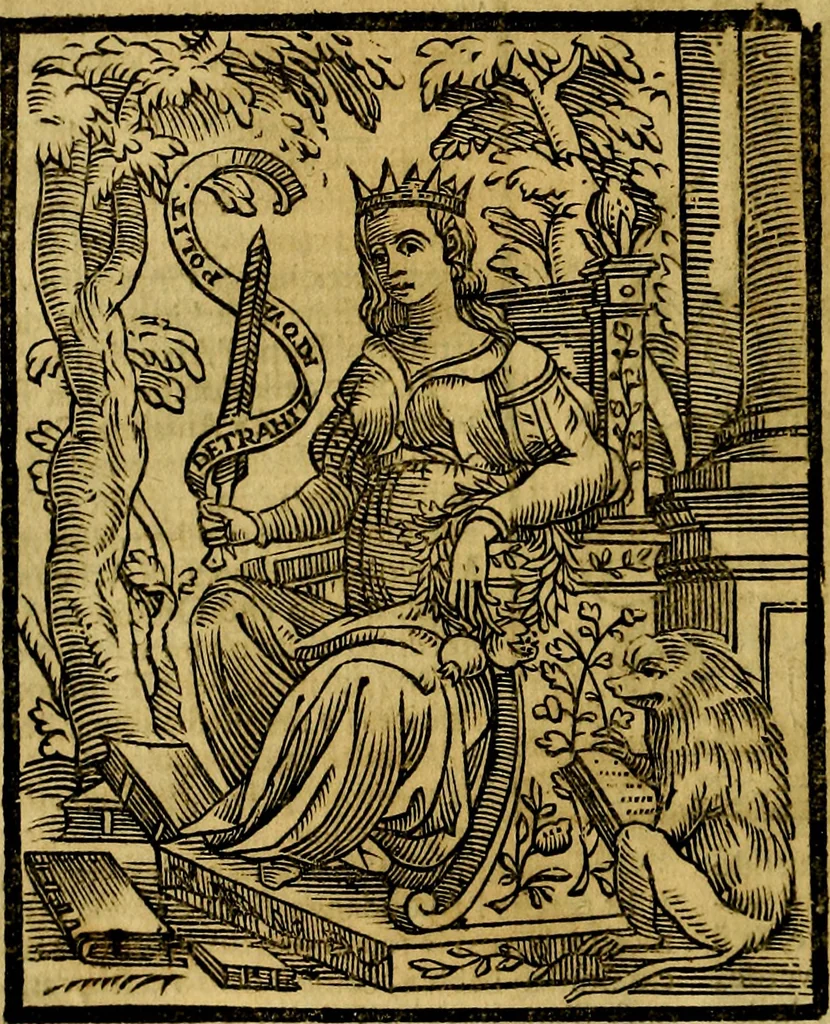 An illustration from Iconologia di Cesare Ripa ... Divisa in tre libri, ne i quali si esprimono varie imagini di virtù, vitij, affetti, passioni humane, arti, discipline, humori, elementi, corpi celesti, prouincie d'Italia, fiumi, & altre materie infinite vtili ad ogni stato di persone, 1669, leaf 65