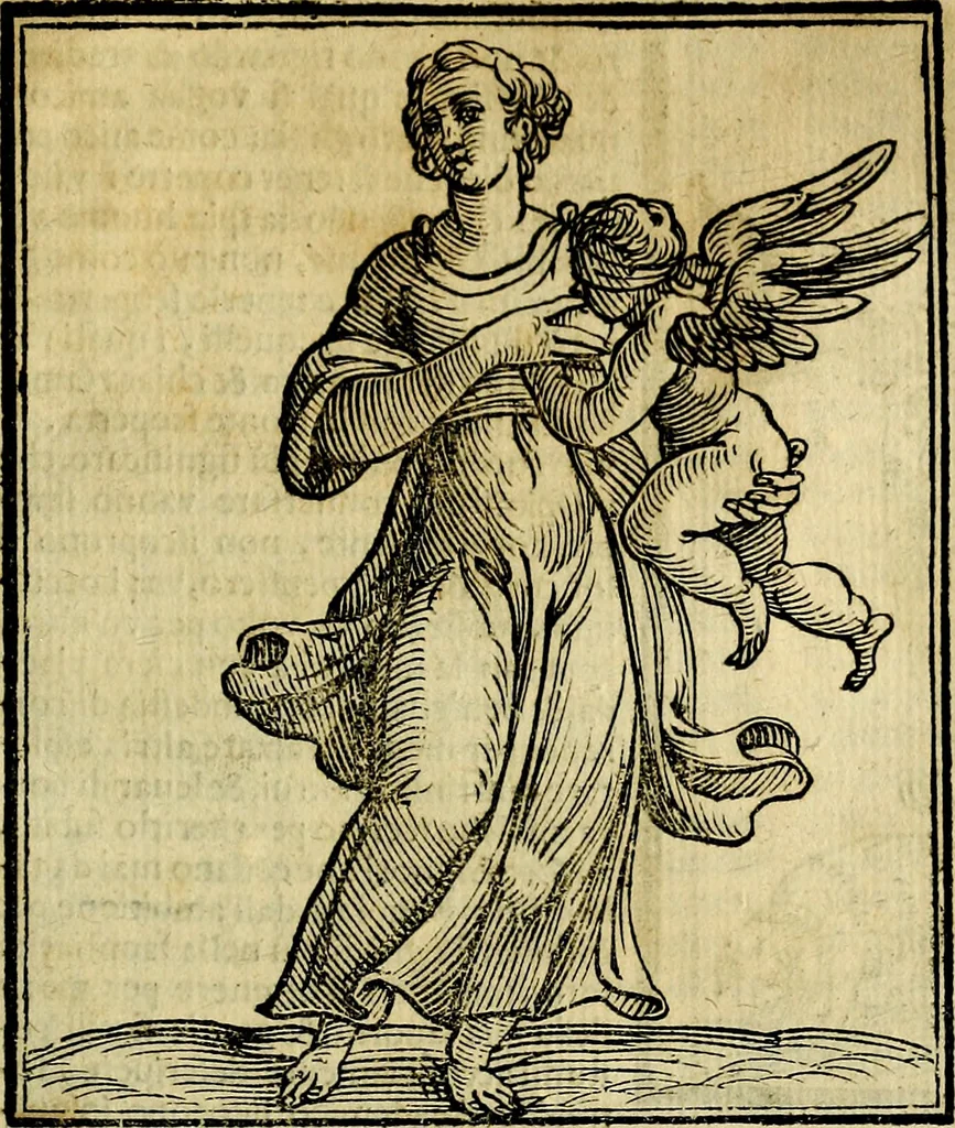 An illustration from Iconologia di Cesare Ripa ... Divisa in tre libri, ne i quali si esprimono varie imagini di virtù, vitij, affetti, passioni humane, arti, discipline, humori, elementi, corpi celesti, prouincie d'Italia, fiumi, & altre materie infinite vtili ad ogni stato di persone, 1669, leaf 656