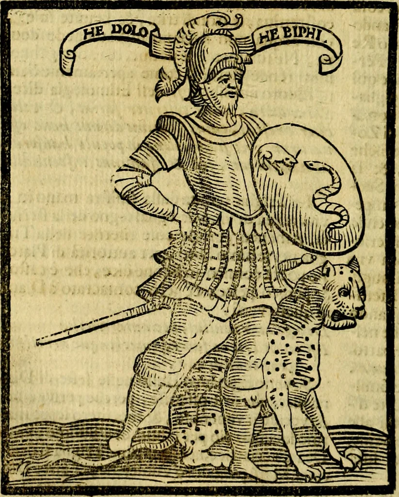 An illustration from Iconologia di Cesare Ripa ... Divisa in tre libri, ne i quali si esprimono varie imagini di virtù, vitij, affetti, passioni humane, arti, discipline, humori, elementi, corpi celesti, prouincie d'Italia, fiumi, & altre materie infinite vtili ad ogni stato di persone, 1669, leaf 669