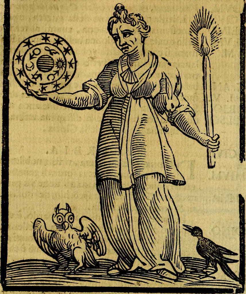 An illustration from Iconologia di Cesare Ripa ... Divisa in tre libri, ne i quali si esprimono varie imagini di virtù, vitij, affetti, passioni humane, arti, discipline, humori, elementi, corpi celesti, prouincie d'Italia, fiumi, & altre materie infinite vtili ad ogni stato di persone, 1669, leaf 679