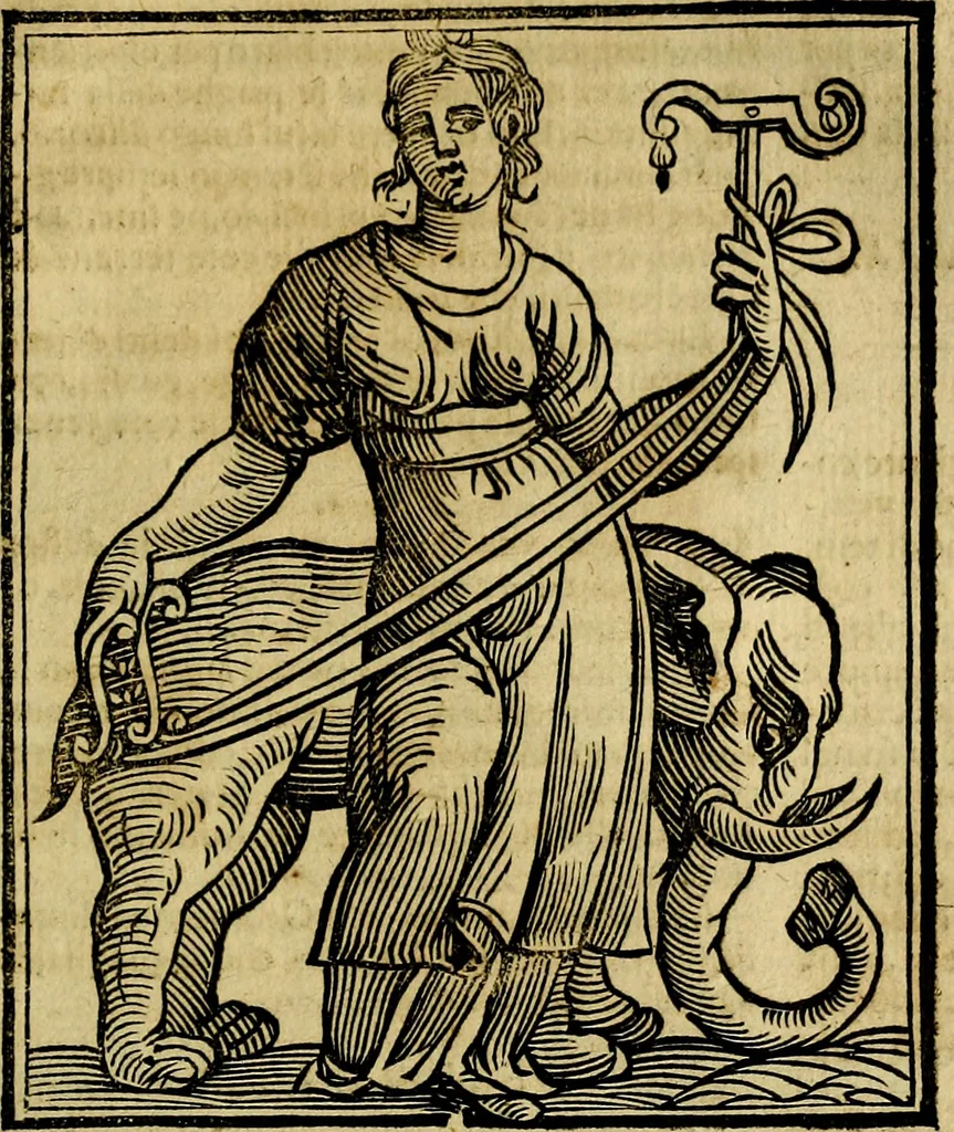 An illustration from Iconologia di Cesare Ripa ... Divisa in tre libri, ne i quali si esprimono varie imagini di virtù, vitij, affetti, passioni humane, arti, discipline, humori, elementi, corpi celesti, prouincie d'Italia, fiumi, & altre materie infinite vtili ad ogni stato di persone, 1669, leaf 684