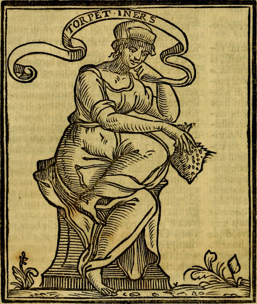 An illustration from Iconologia di Cesare Ripa ... Divisa in tre libri, ne i quali si esprimono varie imagini di virtù, vitij, affetti, passioni humane, arti, discipline, humori, elementi, corpi celesti, prouincie d'Italia, fiumi, & altre materie infinite vtili ad ogni stato di persone, 1669, leaf 69