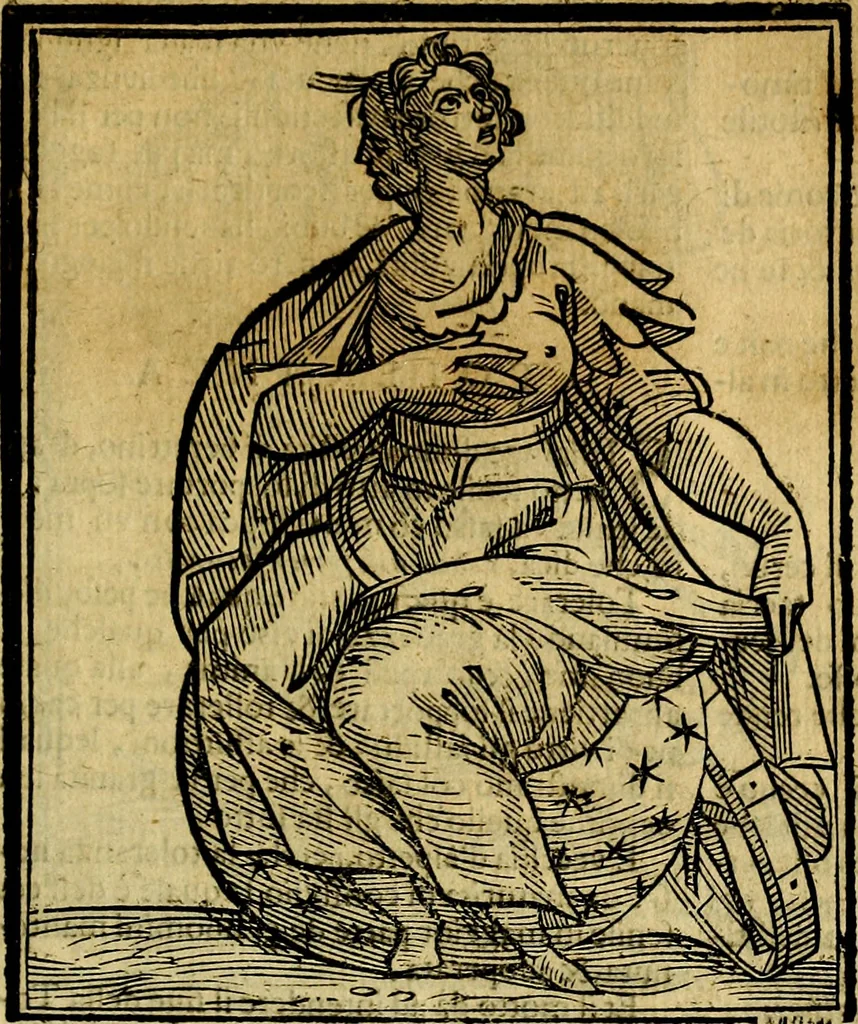An illustration from Iconologia di Cesare Ripa ... Divisa in tre libri, ne i quali si esprimono varie imagini di virtù, vitij, affetti, passioni humane, arti, discipline, humori, elementi, corpi celesti, prouincie d'Italia, fiumi, & altre materie infinite vtili ad ogni stato di persone, 1669, leaf 690