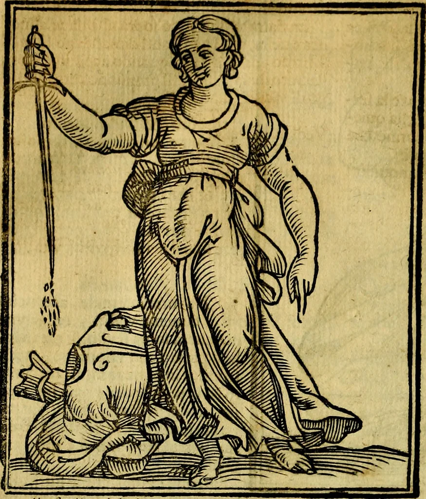An illustration from Iconologia di Cesare Ripa ... Divisa in tre libri, ne i quali si esprimono varie imagini di virtù, vitij, affetti, passioni humane, arti, discipline, humori, elementi, corpi celesti, prouincie d'Italia, fiumi, & altre materie infinite vtili ad ogni stato di persone, 1669, leaf 693