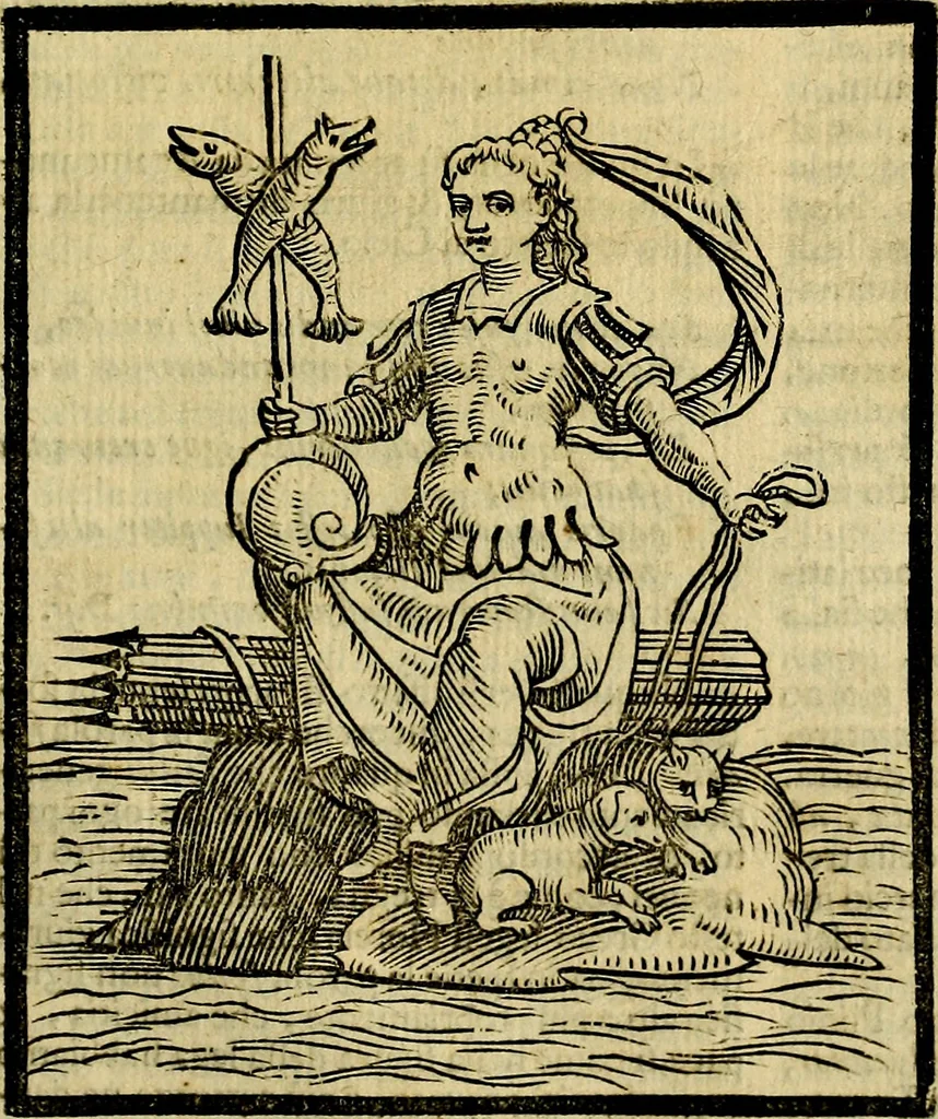 An illustration from Iconologia di Cesare Ripa ... Divisa in tre libri, ne i quali si esprimono varie imagini di virtù, vitij, affetti, passioni humane, arti, discipline, humori, elementi, corpi celesti, prouincie d'Italia, fiumi, & altre materie infinite vtili ad ogni stato di persone, 1669, leaf 694