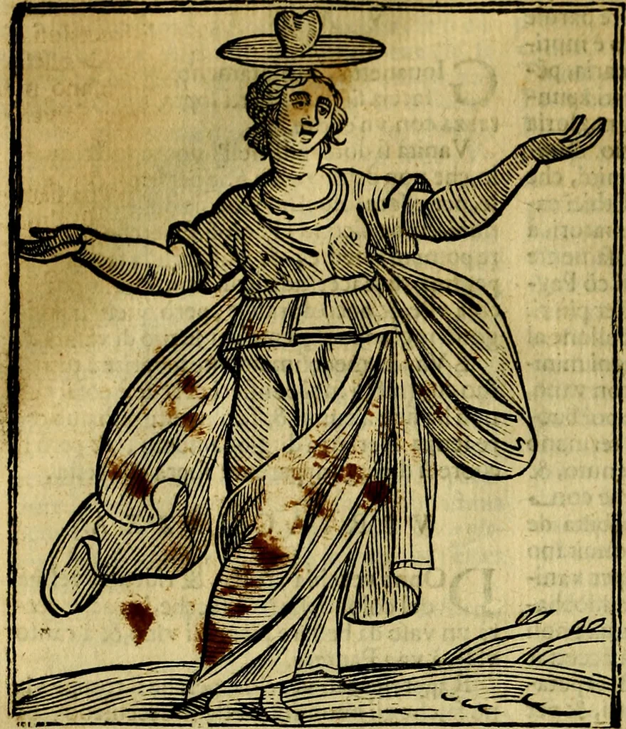 An illustration from Iconologia di Cesare Ripa ... Divisa in tre libri, ne i quali si esprimono varie imagini di virtù, vitij, affetti, passioni humane, arti, discipline, humori, elementi, corpi celesti, prouincie d'Italia, fiumi, & altre materie infinite vtili ad ogni stato di persone, 1669, leaf 709