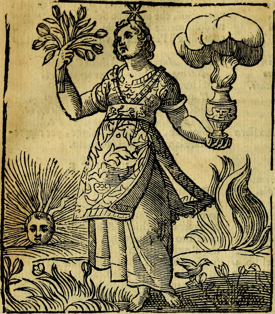 An illustration from Iconologia di Cesare Ripa ... Divisa in tre libri, ne i quali si esprimono varie imagini di virtù, vitij, affetti, passioni humane, arti, discipline, humori, elementi, corpi celesti, prouincie d'Italia, fiumi, & altre materie infinite vtili ad ogni stato di persone, 1669, leaf 723