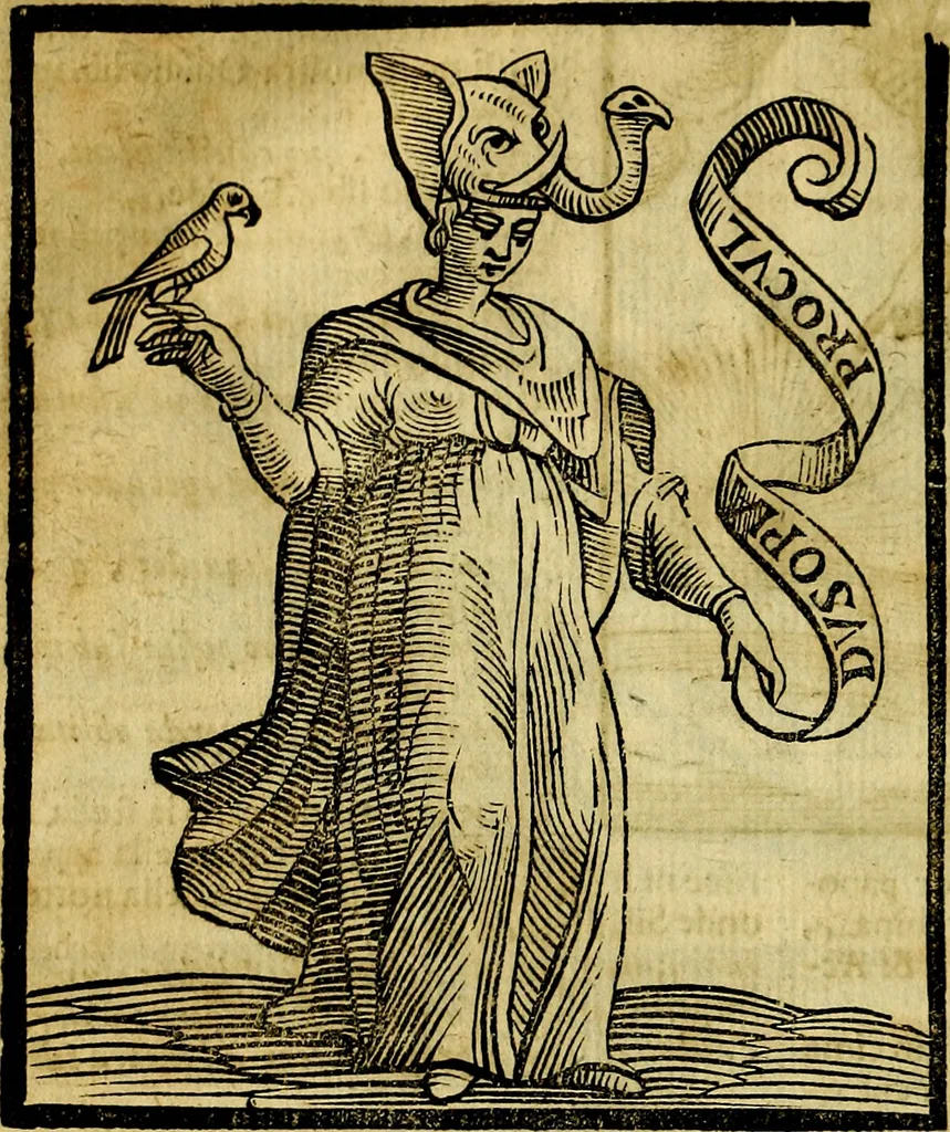 An illustration from Iconologia di Cesare Ripa ... Divisa in tre libri, ne i quali si esprimono varie imagini di virtù, vitij, affetti, passioni humane, arti, discipline, humori, elementi, corpi celesti, prouincie d'Italia, fiumi, & altre materie infinite vtili ad ogni stato di persone, 1669, leaf 727