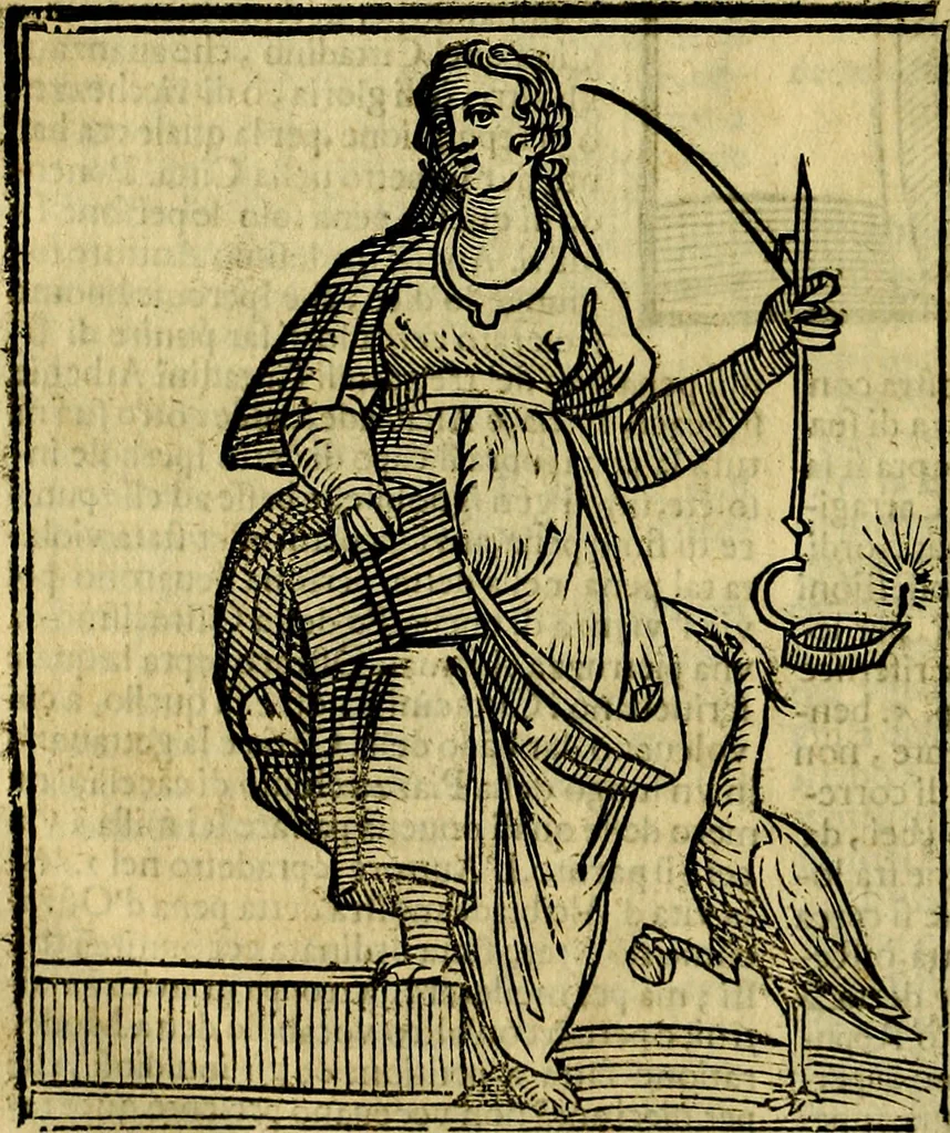 An illustration from Iconologia di Cesare Ripa ... Divisa in tre libri, ne i quali si esprimono varie imagini di virtù, vitij, affetti, passioni humane, arti, discipline, humori, elementi, corpi celesti, prouincie d'Italia, fiumi, & altre materie infinite vtili ad ogni stato di persone, 1669, leaf 733