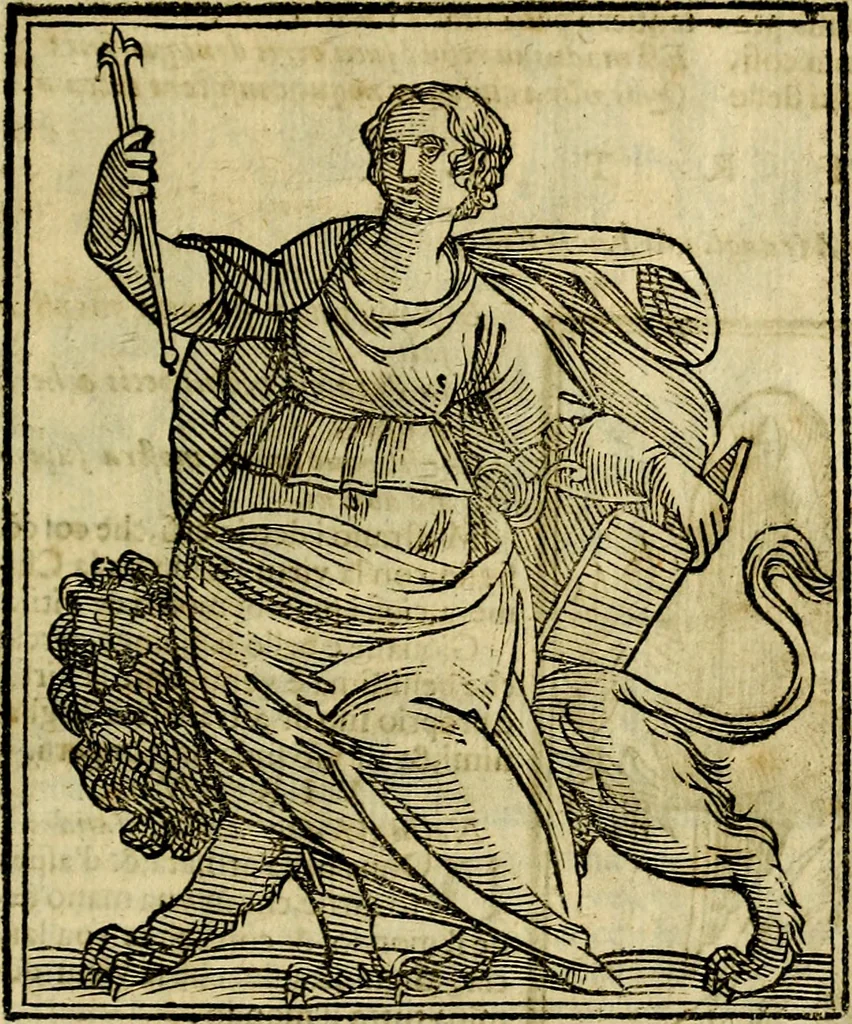 An illustration from Iconologia di Cesare Ripa ... Divisa in tre libri, ne i quali si esprimono varie imagini di virtù, vitij, affetti, passioni humane, arti, discipline, humori, elementi, corpi celesti, prouincie d'Italia, fiumi, & altre materie infinite vtili ad ogni stato di persone, 1669, leaf 736