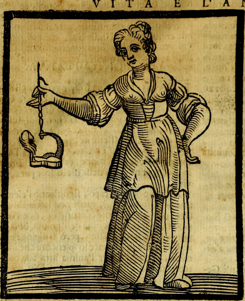 An illustration from Iconologia di Cesare Ripa ... Divisa in tre libri, ne i quali si esprimono varie imagini di virtù, vitij, affetti, passioni humane, arti, discipline, humori, elementi, corpi celesti, prouincie d'Italia, fiumi, & altre materie infinite vtili ad ogni stato di persone, 1669, leaf 743