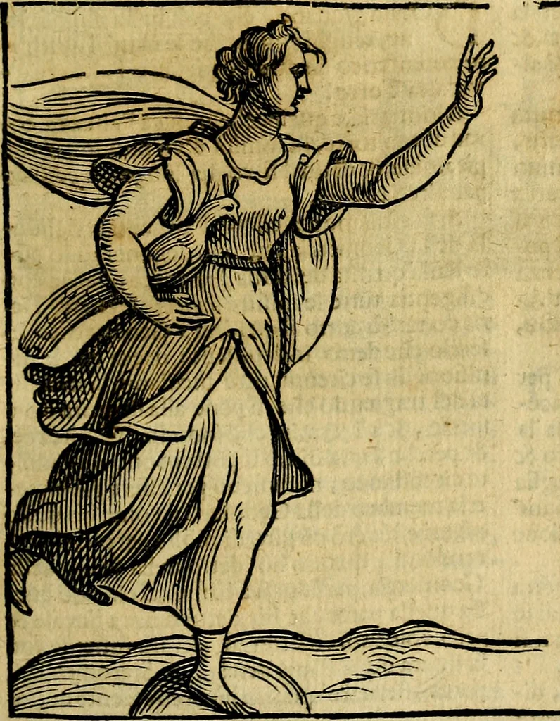 An illustration from Iconologia di Cesare Ripa ... Divisa in tre libri, ne i quali si esprimono varie imagini di virtù, vitij, affetti, passioni humane, arti, discipline, humori, elementi, corpi celesti, prouincie d'Italia, fiumi, & altre materie infinite vtili ad ogni stato di persone, 1669, leaf 82