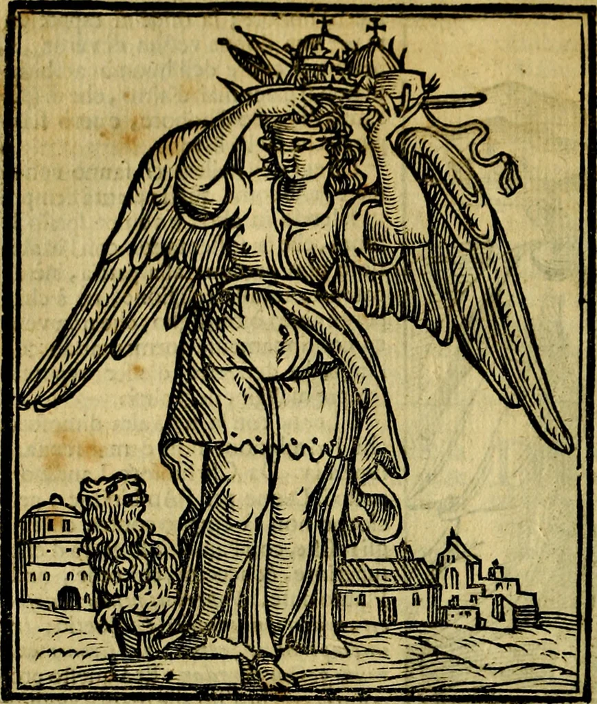 An illustration from Iconologia di Cesare Ripa ... Divisa in tre libri, ne i quali si esprimono varie imagini di virtù, vitij, affetti, passioni humane, arti, discipline, humori, elementi, corpi celesti, prouincie d'Italia, fiumi, & altre materie infinite vtili ad ogni stato di persone, 1669, leaf 85