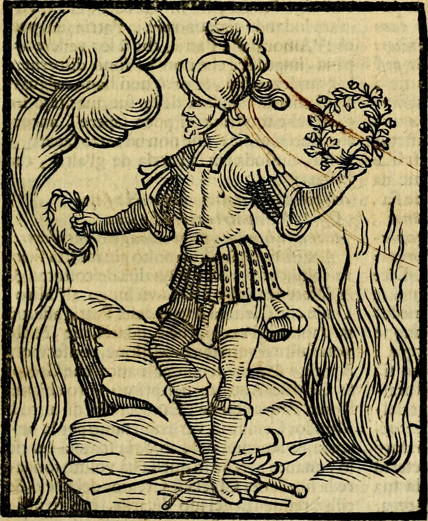 An illustration from Iconologia di Cesare Ripa ... Divisa in tre libri, ne i quali si esprimono varie imagini di virtù, vitij, affetti, passioni humane, arti, discipline, humori, elementi, corpi celesti, prouincie d'Italia, fiumi, & altre materie infinite vtili ad ogni stato di persone, 1669, leaf 94