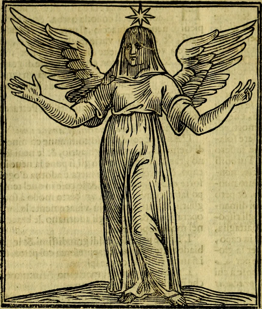 An illustration from Iconologia di Cesare Ripa ... Divisa in tre libri, ne i quali si esprimono varie imagini di virtù, vitij, affetti, passioni humane, arti, discipline, humori, elementi, corpi celesti, prouincie d'Italia, fiumi, & altre materie infinite vtili ad ogni stato di persone, 1669, leaf 99