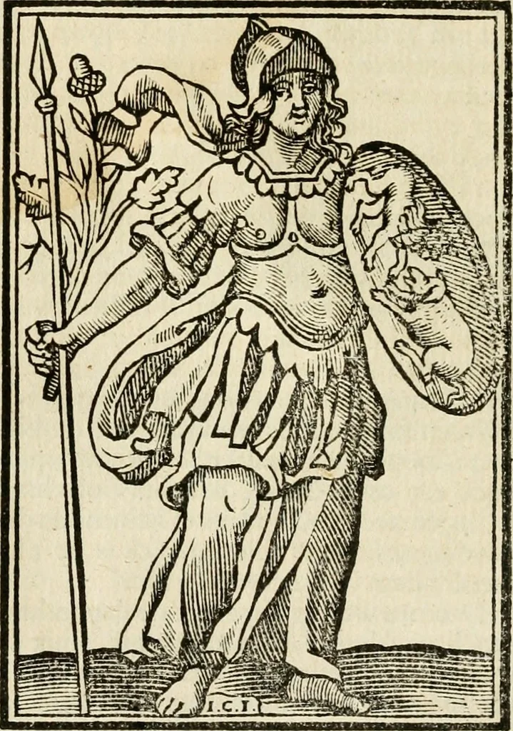 An illustration from Iconologia, of, Uytbeeldingen des verstands : waer in verscheiden afbeeldingen van deughden, ondeughden, genegentheden, menschlijcke hertztochten, konsten, leeringen, sinlijckheden, elementen, hemelsche lichamen, landschappen van Italien, revieren van alle deelen des werrelts, en alle andere ontallijcke stoffen, met hare verklaringen, werden verhandelt : een werck dat dienstigh is, allen reedenaers, poëten, schilders, beeldhouwers, teyckenaers, en alle andere konstbeminders en liefhebbers der geleertheyt en eerlijcke wetenschappen ..., 1644, leaf 102