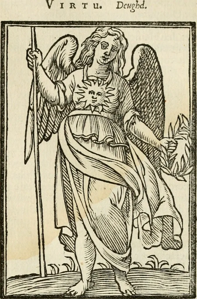 An illustration from Iconologia, of, Uytbeeldingen des verstands : waer in verscheiden afbeeldingen van deughden, ondeughden, genegentheden, menschlijcke hertztochten, konsten, leeringen, sinlijckheden, elementen, hemelsche lichamen, landschappen van Italien, revieren van alle deelen des werrelts, en alle andere ontallijcke stoffen, met hare verklaringen, werden verhandelt : een werck dat dienstigh is, allen reedenaers, poëten, schilders, beeldhouwers, teyckenaers, en alle andere konstbeminders en liefhebbers der geleertheyt en eerlijcke wetenschappen ..., 1644, leaf 104