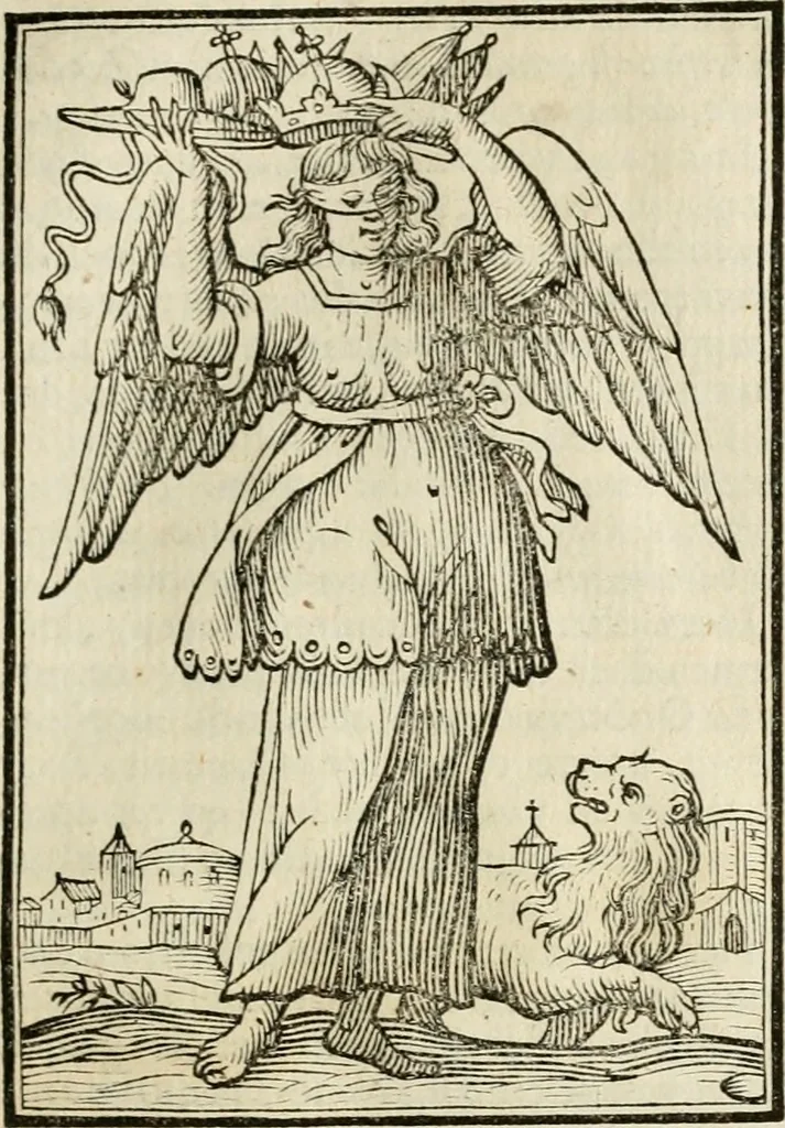 An illustration from Iconologia, of, Uytbeeldingen des verstands : waer in verscheiden afbeeldingen van deughden, ondeughden, genegentheden, menschlijcke hertztochten, konsten, leeringen, sinlijckheden, elementen, hemelsche lichamen, landschappen van Italien, revieren van alle deelen des werrelts, en alle andere ontallijcke stoffen, met hare verklaringen, werden verhandelt : een werck dat dienstigh is, allen reedenaers, poëten, schilders, beeldhouwers, teyckenaers, en alle andere konstbeminders en liefhebbers der geleertheyt en eerlijcke wetenschappen ..., 1644, leaf 144