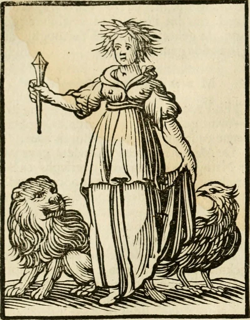 An illustration from Iconologia, of, Uytbeeldingen des verstands : waer in verscheiden afbeeldingen van deughden, ondeughden, genegentheden, menschlijcke hertztochten, konsten, leeringen, sinlijckheden, elementen, hemelsche lichamen, landschappen van Italien, revieren van alle deelen des werrelts, en alle andere ontallijcke stoffen, met hare verklaringen, werden verhandelt : een werck dat dienstigh is, allen reedenaers, poëten, schilders, beeldhouwers, teyckenaers, en alle andere konstbeminders en liefhebbers der geleertheyt en eerlijcke wetenschappen ..., 1644, leaf 161