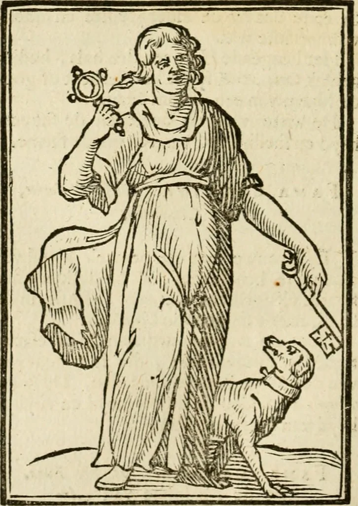 An illustration from Iconologia, of, Uytbeeldingen des verstands : waer in verscheiden afbeeldingen van deughden, ondeughden, genegentheden, menschlijcke hertztochten, konsten, leeringen, sinlijckheden, elementen, hemelsche lichamen, landschappen van Italien, revieren van alle deelen des werrelts, en alle andere ontallijcke stoffen, met hare verklaringen, werden verhandelt : een werck dat dienstigh is, allen reedenaers, poëten, schilders, beeldhouwers, teyckenaers, en alle andere konstbeminders en liefhebbers der geleertheyt en eerlijcke wetenschappen ..., 1644, leaf 183