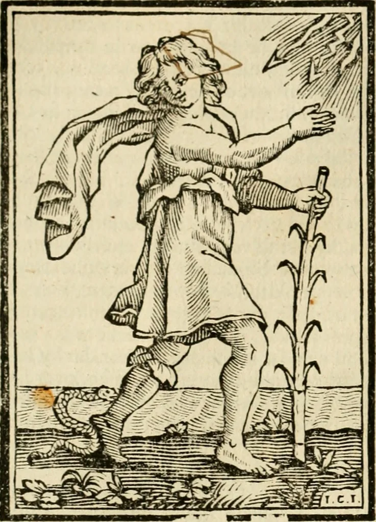An illustration from Iconologia, of, Uytbeeldingen des verstands : waer in verscheiden afbeeldingen van deughden, ondeughden, genegentheden, menschlijcke hertztochten, konsten, leeringen, sinlijckheden, elementen, hemelsche lichamen, landschappen van Italien, revieren van alle deelen des werrelts, en alle andere ontallijcke stoffen, met hare verklaringen, werden verhandelt : een werck dat dienstigh is, allen reedenaers, poëten, schilders, beeldhouwers, teyckenaers, en alle andere konstbeminders en liefhebbers der geleertheyt en eerlijcke wetenschappen ..., 1644, leaf 185