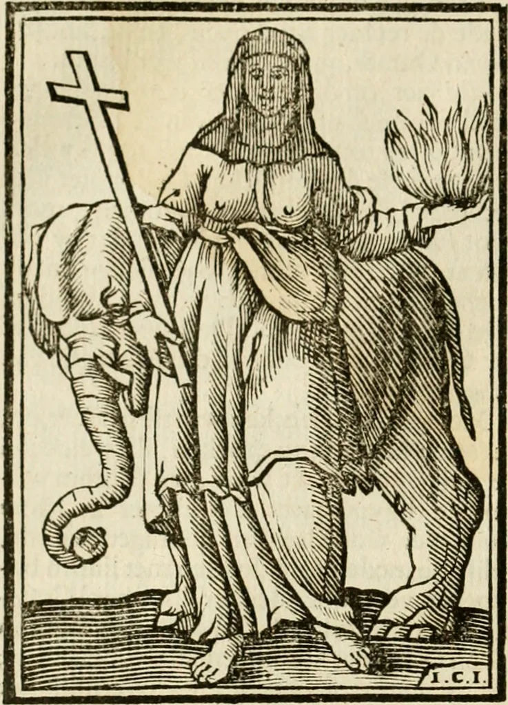 An illustration from Iconologia, of, Uytbeeldingen des verstands : waer in verscheiden afbeeldingen van deughden, ondeughden, genegentheden, menschlijcke hertztochten, konsten, leeringen, sinlijckheden, elementen, hemelsche lichamen, landschappen van Italien, revieren van alle deelen des werrelts, en alle andere ontallijcke stoffen, met hare verklaringen, werden verhandelt : een werck dat dienstigh is, allen reedenaers, poëten, schilders, beeldhouwers, teyckenaers, en alle andere konstbeminders en liefhebbers der geleertheyt en eerlijcke wetenschappen ..., 1644, leaf 193