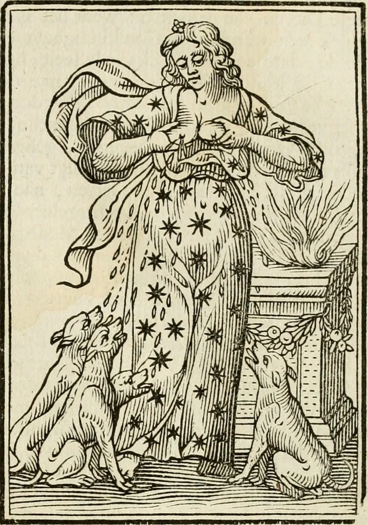 An illustration from Iconologia, of, Uytbeeldingen des verstands : waer in verscheiden afbeeldingen van deughden, ondeughden, genegentheden, menschlijcke hertztochten, konsten, leeringen, sinlijckheden, elementen, hemelsche lichamen, landschappen van Italien, revieren van alle deelen des werrelts, en alle andere ontallijcke stoffen, met hare verklaringen, werden verhandelt : een werck dat dienstigh is, allen reedenaers, poëten, schilders, beeldhouwers, teyckenaers, en alle andere konstbeminders en liefhebbers der geleertheyt en eerlijcke wetenschappen ..., 1644, leaf 204