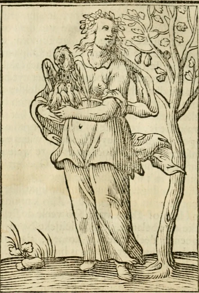 An illustration from Iconologia, of, Uytbeeldingen des verstands : waer in verscheiden afbeeldingen van deughden, ondeughden, genegentheden, menschlijcke hertztochten, konsten, leeringen, sinlijckheden, elementen, hemelsche lichamen, landschappen van Italien, revieren van alle deelen des werrelts, en alle andere ontallijcke stoffen, met hare verklaringen, werden verhandelt : een werck dat dienstigh is, allen reedenaers, poëten, schilders, beeldhouwers, teyckenaers, en alle andere konstbeminders en liefhebbers der geleertheyt en eerlijcke wetenschappen ..., 1644, leaf 205