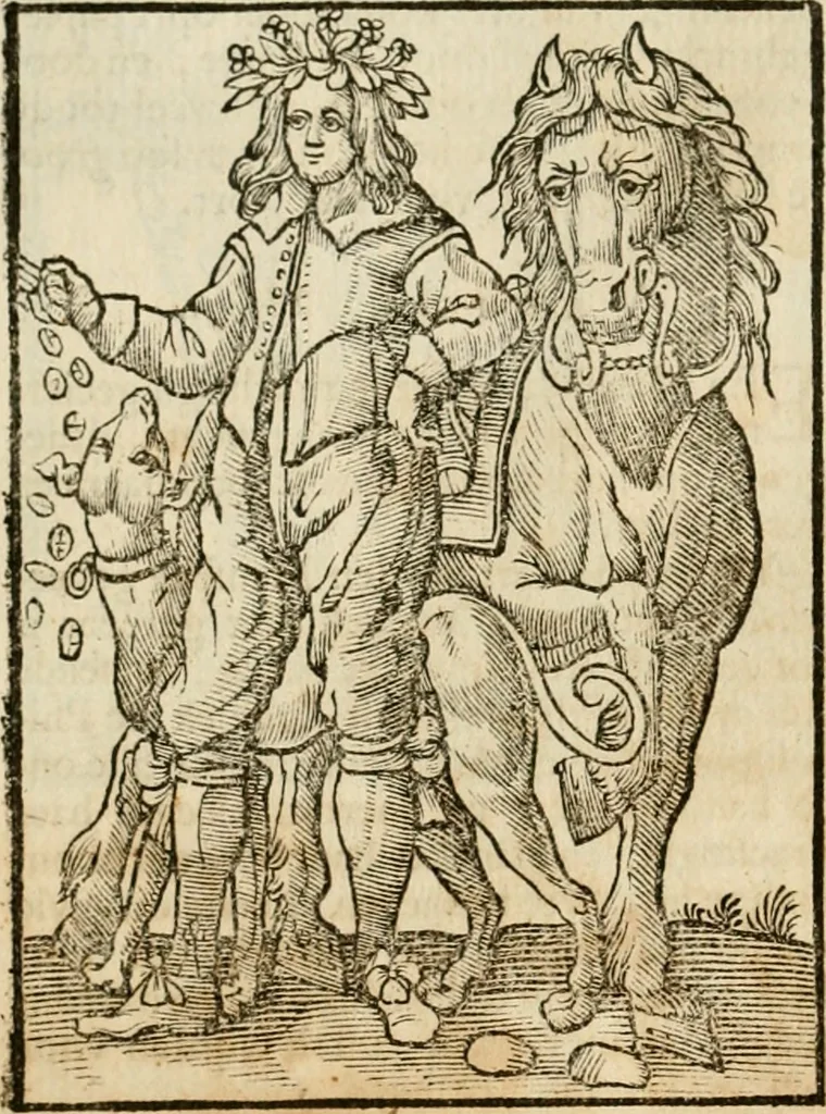 An illustration from Iconologia, of, Uytbeeldingen des verstands : waer in verscheiden afbeeldingen van deughden, ondeughden, genegentheden, menschlijcke hertztochten, konsten, leeringen, sinlijckheden, elementen, hemelsche lichamen, landschappen van Italien, revieren van alle deelen des werrelts, en alle andere ontallijcke stoffen, met hare verklaringen, werden verhandelt : een werck dat dienstigh is, allen reedenaers, poëten, schilders, beeldhouwers, teyckenaers, en alle andere konstbeminders en liefhebbers der geleertheyt en eerlijcke wetenschappen ..., 1644, leaf 235