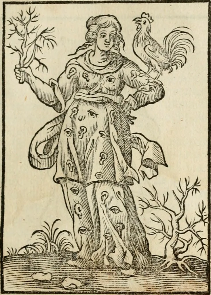 An illustration from Iconologia, of, Uytbeeldingen des verstands : waer in verscheiden afbeeldingen van deughden, ondeughden, genegentheden, menschlijcke hertztochten, konsten, leeringen, sinlijckheden, elementen, hemelsche lichamen, landschappen van Italien, revieren van alle deelen des werrelts, en alle andere ontallijcke stoffen, met hare verklaringen, werden verhandelt : een werck dat dienstigh is, allen reedenaers, poëten, schilders, beeldhouwers, teyckenaers, en alle andere konstbeminders en liefhebbers der geleertheyt en eerlijcke wetenschappen ..., 1644, leaf 236