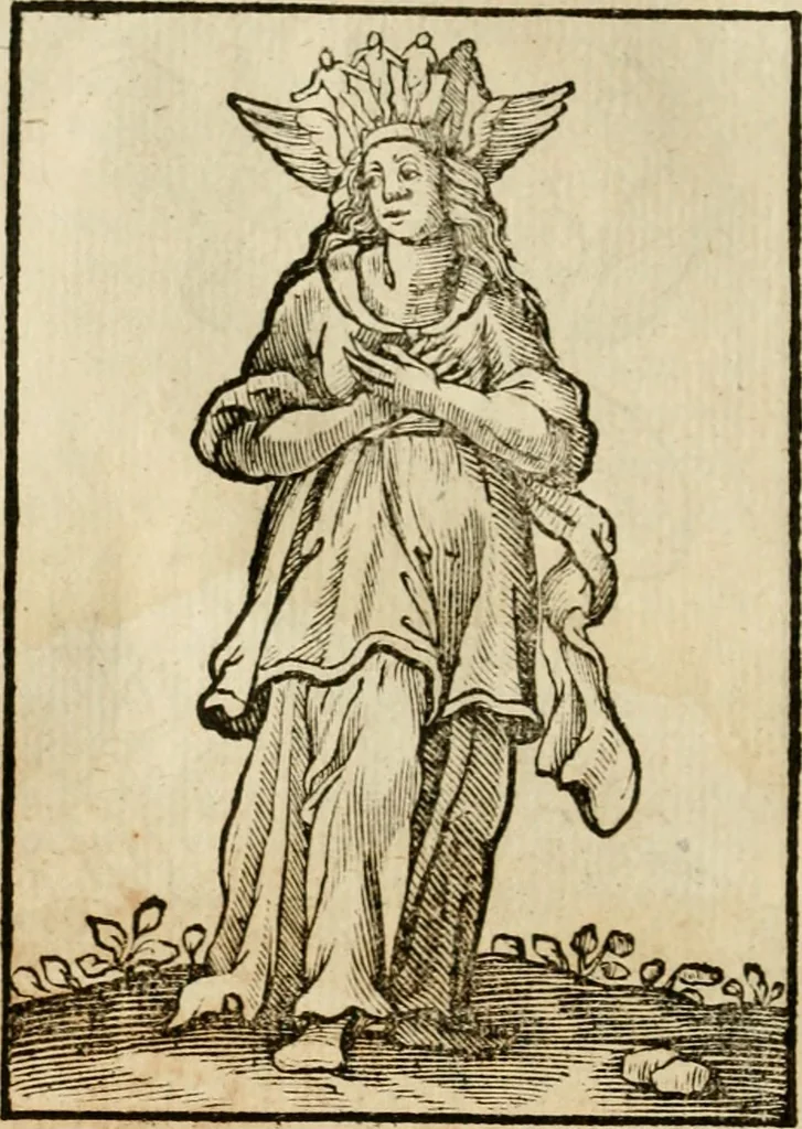 An illustration from Iconologia, of, Uytbeeldingen des verstands : waer in verscheiden afbeeldingen van deughden, ondeughden, genegentheden, menschlijcke hertztochten, konsten, leeringen, sinlijckheden, elementen, hemelsche lichamen, landschappen van Italien, revieren van alle deelen des werrelts, en alle andere ontallijcke stoffen, met hare verklaringen, werden verhandelt : een werck dat dienstigh is, allen reedenaers, poëten, schilders, beeldhouwers, teyckenaers, en alle andere konstbeminders en liefhebbers der geleertheyt en eerlijcke wetenschappen ..., 1644, leaf 237