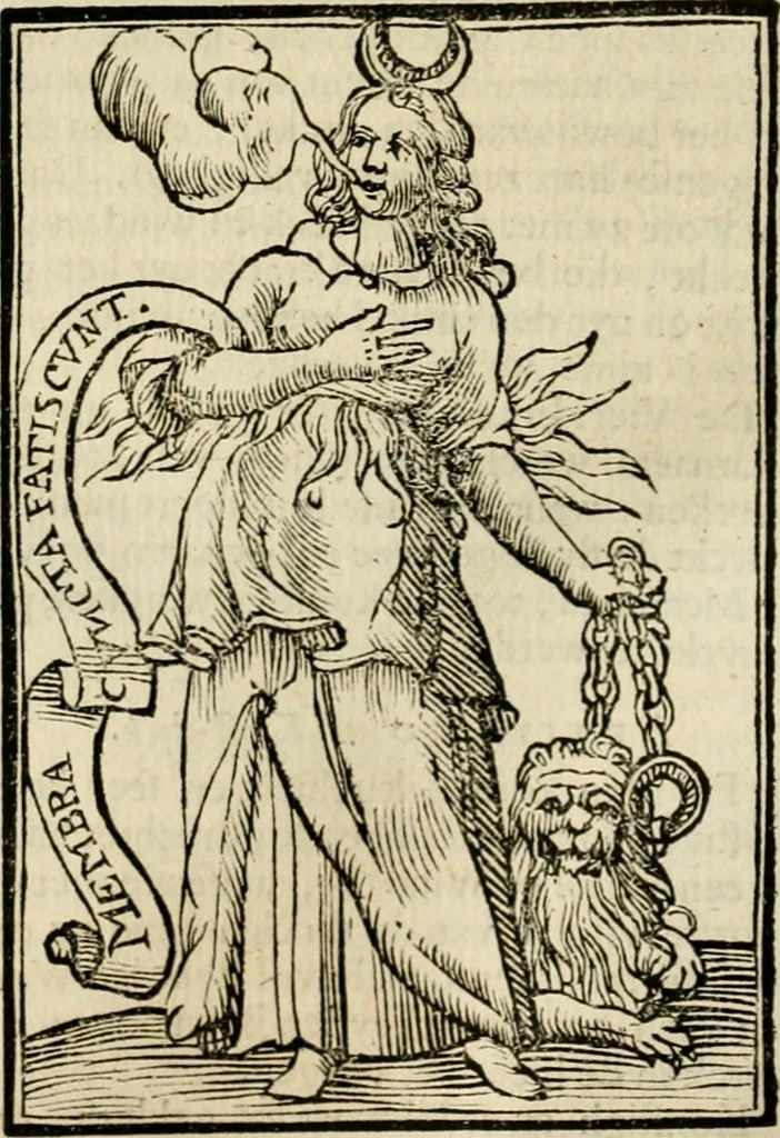 An illustration from Iconologia, of, Uytbeeldingen des verstands : waer in verscheiden afbeeldingen van deughden, ondeughden, genegentheden, menschlijcke hertztochten, konsten, leeringen, sinlijckheden, elementen, hemelsche lichamen, landschappen van Italien, revieren van alle deelen des werrelts, en alle andere ontallijcke stoffen, met hare verklaringen, werden verhandelt : een werck dat dienstigh is, allen reedenaers, poëten, schilders, beeldhouwers, teyckenaers, en alle andere konstbeminders en liefhebbers der geleertheyt en eerlijcke wetenschappen ..., 1644, leaf 281