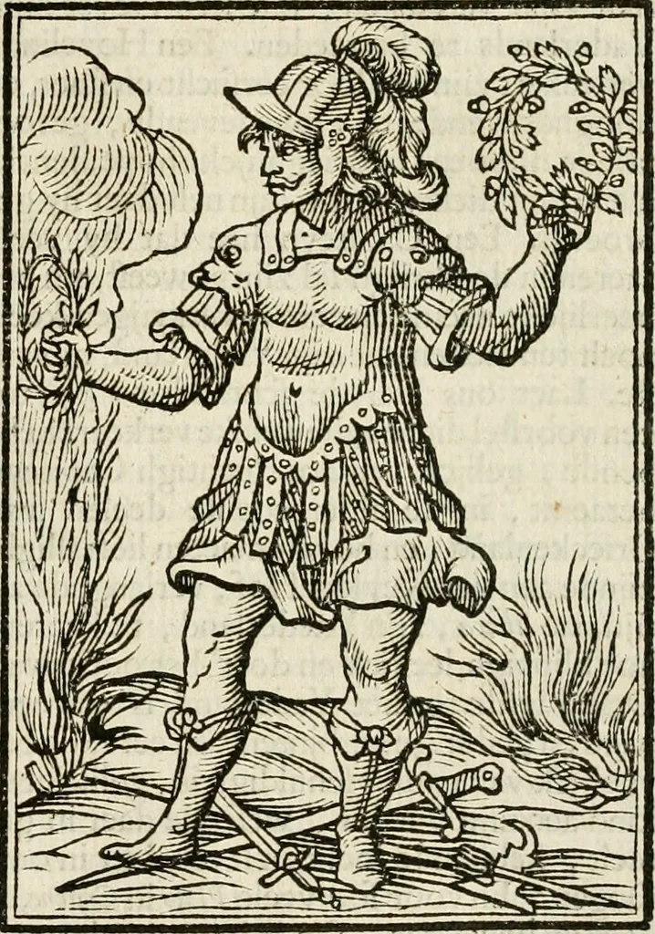 An illustration from Iconologia, of, Uytbeeldingen des verstands : waer in verscheiden afbeeldingen van deughden, ondeughden, genegentheden, menschlijcke hertztochten, konsten, leeringen, sinlijckheden, elementen, hemelsche lichamen, landschappen van Italien, revieren van alle deelen des werrelts, en alle andere ontallijcke stoffen, met hare verklaringen, werden verhandelt : een werck dat dienstigh is, allen reedenaers, poëten, schilders, beeldhouwers, teyckenaers, en alle andere konstbeminders en liefhebbers der geleertheyt en eerlijcke wetenschappen ..., 1644, leaf 320