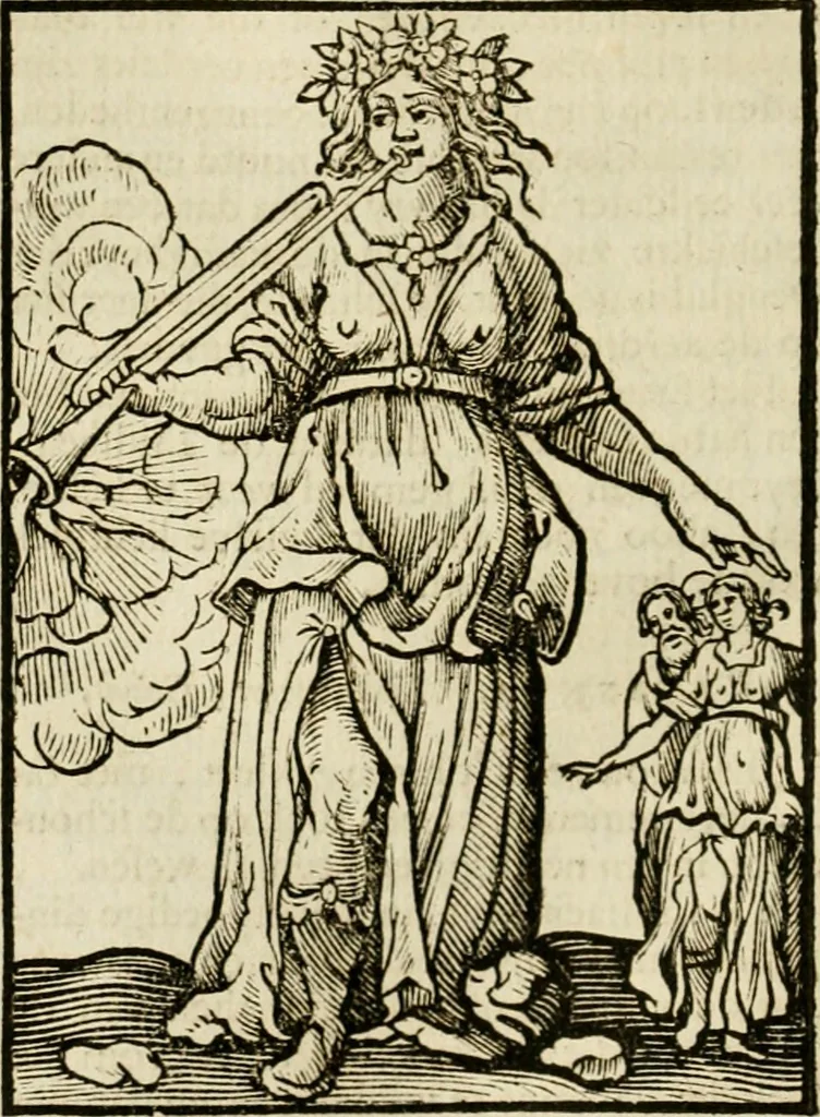 An illustration from Iconologia, of, Uytbeeldingen des verstands : waer in verscheiden afbeeldingen van deughden, ondeughden, genegentheden, menschlijcke hertztochten, konsten, leeringen, sinlijckheden, elementen, hemelsche lichamen, landschappen van Italien, revieren van alle deelen des werrelts, en alle andere ontallijcke stoffen, met hare verklaringen, werden verhandelt : een werck dat dienstigh is, allen reedenaers, poëten, schilders, beeldhouwers, teyckenaers, en alle andere konstbeminders en liefhebbers der geleertheyt en eerlijcke wetenschappen ..., 1644, leaf 327