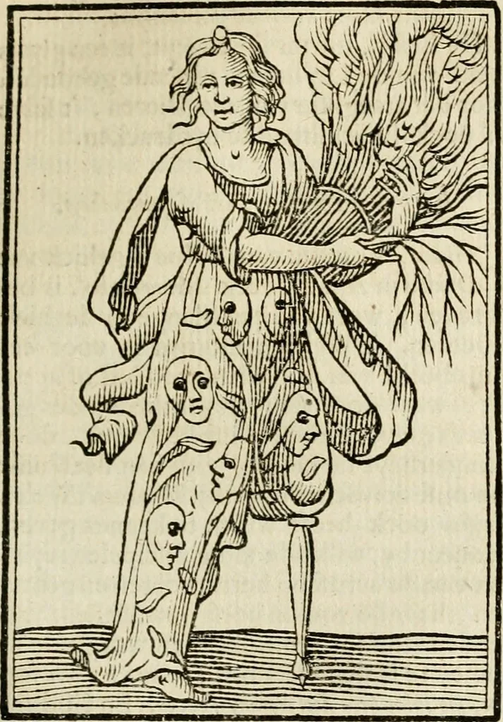An illustration from Iconologia, of, Uytbeeldingen des verstands : waer in verscheiden afbeeldingen van deughden, ondeughden, genegentheden, menschlijcke hertztochten, konsten, leeringen, sinlijckheden, elementen, hemelsche lichamen, landschappen van Italien, revieren van alle deelen des werrelts, en alle andere ontallijcke stoffen, met hare verklaringen, werden verhandelt : een werck dat dienstigh is, allen reedenaers, poëten, schilders, beeldhouwers, teyckenaers, en alle andere konstbeminders en liefhebbers der geleertheyt en eerlijcke wetenschappen ..., 1644, leaf 330