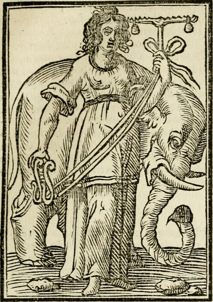An illustration from Iconologia, of, Uytbeeldingen des verstands : waer in verscheiden afbeeldingen van deughden, ondeughden, genegentheden, menschlijcke hertztochten, konsten, leeringen, sinlijckheden, elementen, hemelsche lichamen, landschappen van Italien, revieren van alle deelen des werrelts, en alle andere ontallijcke stoffen, met hare verklaringen, werden verhandelt : een werck dat dienstigh is, allen reedenaers, poëten, schilders, beeldhouwers, teyckenaers, en alle andere konstbeminders en liefhebbers der geleertheyt en eerlijcke wetenschappen ..., 1644, leaf 338