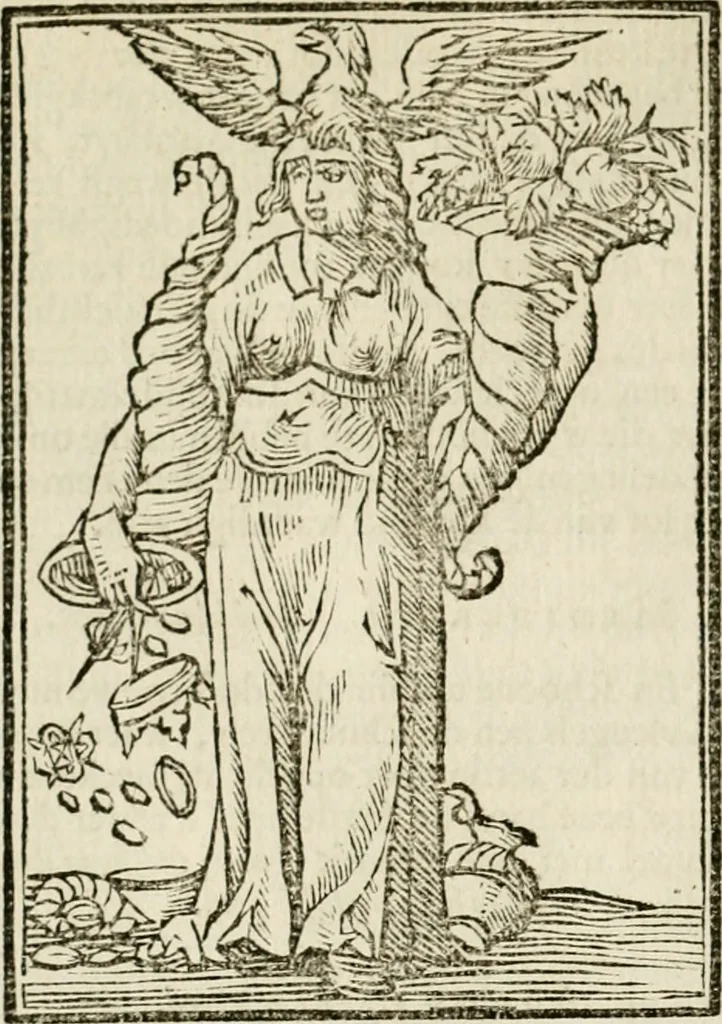 An illustration from Iconologia, of, Uytbeeldingen des verstands : waer in verscheiden afbeeldingen van deughden, ondeughden, genegentheden, menschlijcke hertztochten, konsten, leeringen, sinlijckheden, elementen, hemelsche lichamen, landschappen van Italien, revieren van alle deelen des werrelts, en alle andere ontallijcke stoffen, met hare verklaringen, werden verhandelt : een werck dat dienstigh is, allen reedenaers, poëten, schilders, beeldhouwers, teyckenaers, en alle andere konstbeminders en liefhebbers der geleertheyt en eerlijcke wetenschappen ..., 1644, leaf 353