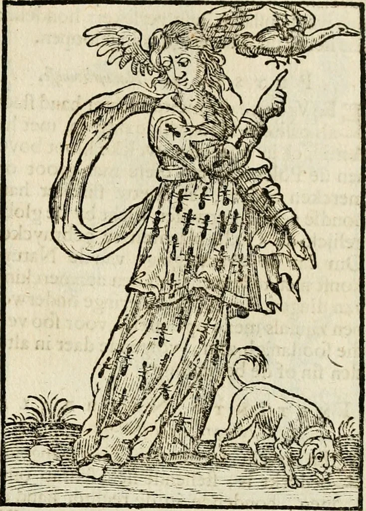An illustration from Iconologia, of, Uytbeeldingen des verstands : waer in verscheiden afbeeldingen van deughden, ondeughden, genegentheden, menschlijcke hertztochten, konsten, leeringen, sinlijckheden, elementen, hemelsche lichamen, landschappen van Italien, revieren van alle deelen des werrelts, en alle andere ontallijcke stoffen, met hare verklaringen, werden verhandelt : een werck dat dienstigh is, allen reedenaers, poëten, schilders, beeldhouwers, teyckenaers, en alle andere konstbeminders en liefhebbers der geleertheyt en eerlijcke wetenschappen ..., 1644, leaf 368