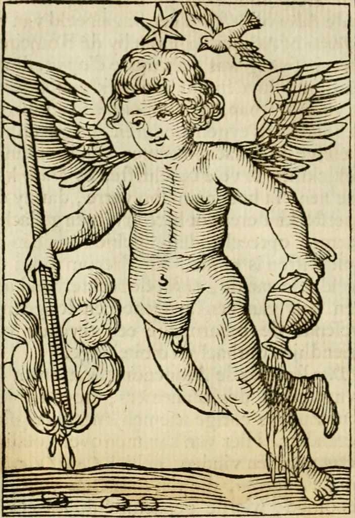 An illustration from Iconologia, of, Uytbeeldingen des verstands : waer in verscheiden afbeeldingen van deughden, ondeughden, genegentheden, menschlijcke hertztochten, konsten, leeringen, sinlijckheden, elementen, hemelsche lichamen, landschappen van Italien, revieren van alle deelen des werrelts, en alle andere ontallijcke stoffen, met hare verklaringen, werden verhandelt : een werck dat dienstigh is, allen reedenaers, poëten, schilders, beeldhouwers, teyckenaers, en alle andere konstbeminders en liefhebbers der geleertheyt en eerlijcke wetenschappen ..., 1644, leaf 39