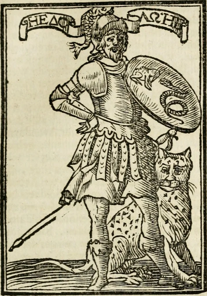 An illustration from Iconologia, of, Uytbeeldingen des verstands : waer in verscheiden afbeeldingen van deughden, ondeughden, genegentheden, menschlijcke hertztochten, konsten, leeringen, sinlijckheden, elementen, hemelsche lichamen, landschappen van Italien, revieren van alle deelen des werrelts, en alle andere ontallijcke stoffen, met hare verklaringen, werden verhandelt : een werck dat dienstigh is, allen reedenaers, poëten, schilders, beeldhouwers, teyckenaers, en alle andere konstbeminders en liefhebbers der geleertheyt en eerlijcke wetenschappen ..., 1644, leaf 398