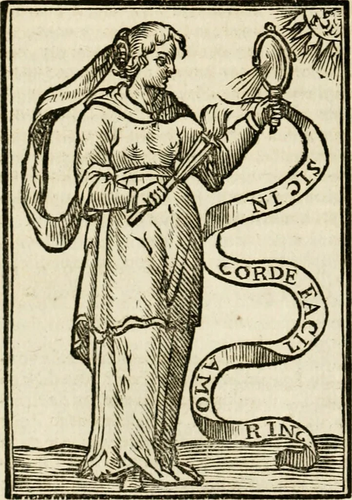 An illustration from Iconologia, of, Uytbeeldingen des verstands : waer in verscheiden afbeeldingen van deughden, ondeughden, genegentheden, menschlijcke hertztochten, konsten, leeringen, sinlijckheden, elementen, hemelsche lichamen, landschappen van Italien, revieren van alle deelen des werrelts, en alle andere ontallijcke stoffen, met hare verklaringen, werden verhandelt : een werck dat dienstigh is, allen reedenaers, poëten, schilders, beeldhouwers, teyckenaers, en alle andere konstbeminders en liefhebbers der geleertheyt en eerlijcke wetenschappen ..., 1644, leaf 403