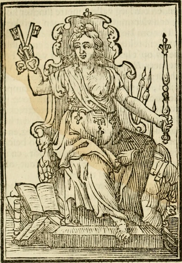 An illustration from Iconologia, of, Uytbeeldingen des verstands : waer in verscheiden afbeeldingen van deughden, ondeughden, genegentheden, menschlijcke hertztochten, konsten, leeringen, sinlijckheden, elementen, hemelsche lichamen, landschappen van Italien, revieren van alle deelen des werrelts, en alle andere ontallijcke stoffen, met hare verklaringen, werden verhandelt : een werck dat dienstigh is, allen reedenaers, poëten, schilders, beeldhouwers, teyckenaers, en alle andere konstbeminders en liefhebbers der geleertheyt en eerlijcke wetenschappen ..., 1644, leaf 41