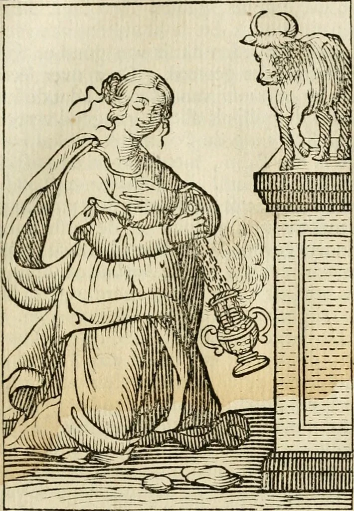 An illustration from Iconologia, of, Uytbeeldingen des verstands : waer in verscheiden afbeeldingen van deughden, ondeughden, genegentheden, menschlijcke hertztochten, konsten, leeringen, sinlijckheden, elementen, hemelsche lichamen, landschappen van Italien, revieren van alle deelen des werrelts, en alle andere ontallijcke stoffen, met hare verklaringen, werden verhandelt : een werck dat dienstigh is, allen reedenaers, poëten, schilders, beeldhouwers, teyckenaers, en alle andere konstbeminders en liefhebbers der geleertheyt en eerlijcke wetenschappen ..., 1644, leaf 42