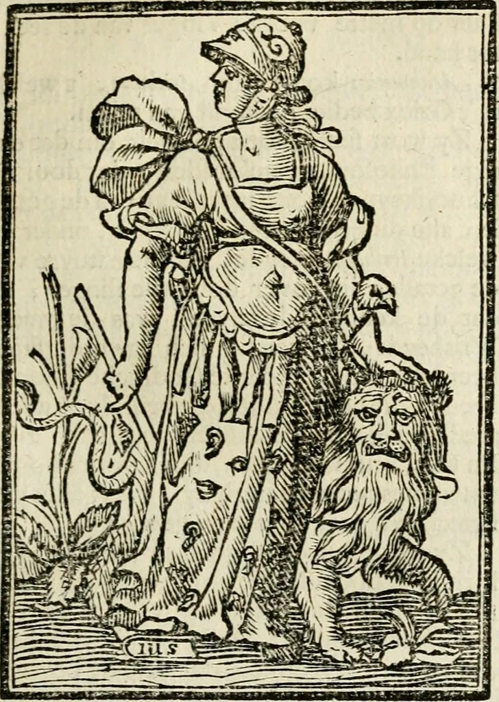 An illustration from Iconologia, of, Uytbeeldingen des verstands : waer in verscheiden afbeeldingen van deughden, ondeughden, genegentheden, menschlijcke hertztochten, konsten, leeringen, sinlijckheden, elementen, hemelsche lichamen, landschappen van Italien, revieren van alle deelen des werrelts, en alle andere ontallijcke stoffen, met hare verklaringen, werden verhandelt : een werck dat dienstigh is, allen reedenaers, poëten, schilders, beeldhouwers, teyckenaers, en alle andere konstbeminders en liefhebbers der geleertheyt en eerlijcke wetenschappen ..., 1644, leaf 458
