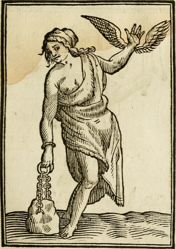 An illustration from Iconologia, of, Uytbeeldingen des verstands : waer in verscheiden afbeeldingen van deughden, ondeughden, genegentheden, menschlijcke hertztochten, konsten, leeringen, sinlijckheden, elementen, hemelsche lichamen, landschappen van Italien, revieren van alle deelen des werrelts, en alle andere ontallijcke stoffen, met hare verklaringen, werden verhandelt : een werck dat dienstigh is, allen reedenaers, poëten, schilders, beeldhouwers, teyckenaers, en alle andere konstbeminders en liefhebbers der geleertheyt en eerlijcke wetenschappen ..., 1644, leaf 46