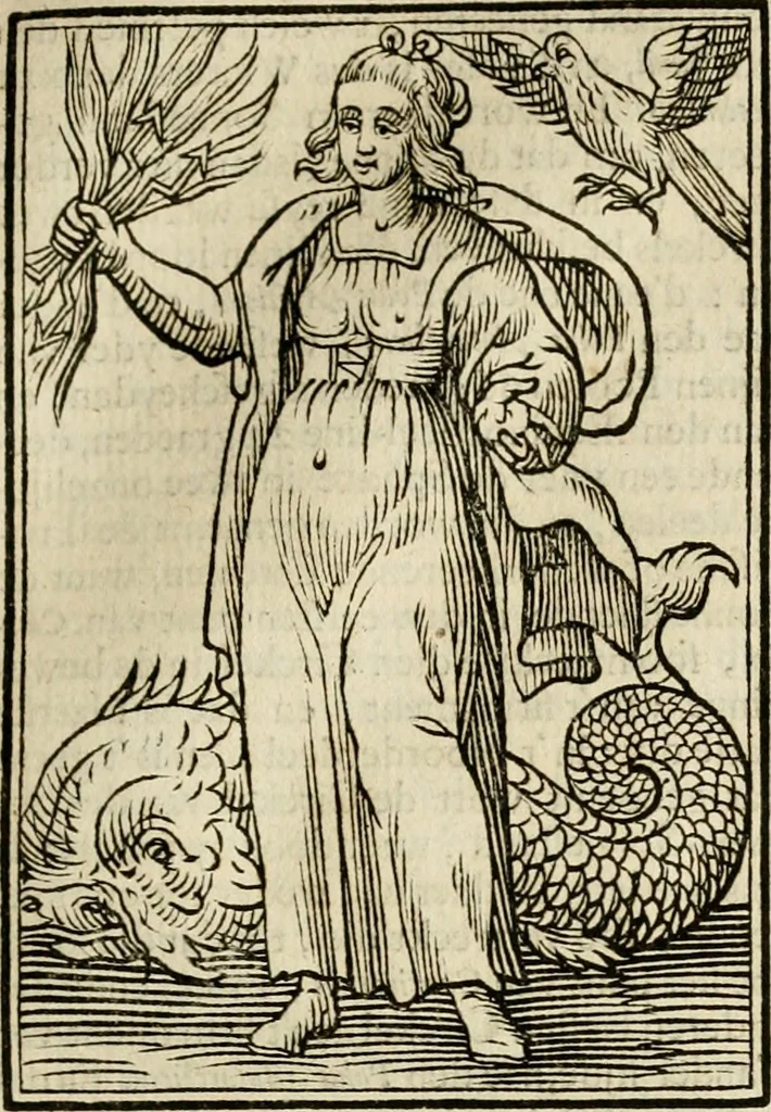 An illustration from Iconologia, of, Uytbeeldingen des verstands : waer in verscheiden afbeeldingen van deughden, ondeughden, genegentheden, menschlijcke hertztochten, konsten, leeringen, sinlijckheden, elementen, hemelsche lichamen, landschappen van Italien, revieren van alle deelen des werrelts, en alle andere ontallijcke stoffen, met hare verklaringen, werden verhandelt : een werck dat dienstigh is, allen reedenaers, poëten, schilders, beeldhouwers, teyckenaers, en alle andere konstbeminders en liefhebbers der geleertheyt en eerlijcke wetenschappen ..., 1644, leaf 496