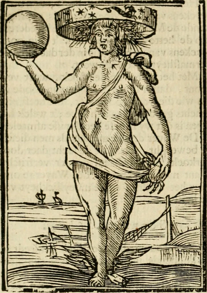An illustration from Iconologia, of, Uytbeeldingen des verstands : waer in verscheiden afbeeldingen van deughden, ondeughden, genegentheden, menschlijcke hertztochten, konsten, leeringen, sinlijckheden, elementen, hemelsche lichamen, landschappen van Italien, revieren van alle deelen des werrelts, en alle andere ontallijcke stoffen, met hare verklaringen, werden verhandelt : een werck dat dienstigh is, allen reedenaers, poëten, schilders, beeldhouwers, teyckenaers, en alle andere konstbeminders en liefhebbers der geleertheyt en eerlijcke wetenschappen ..., 1644, leaf 497